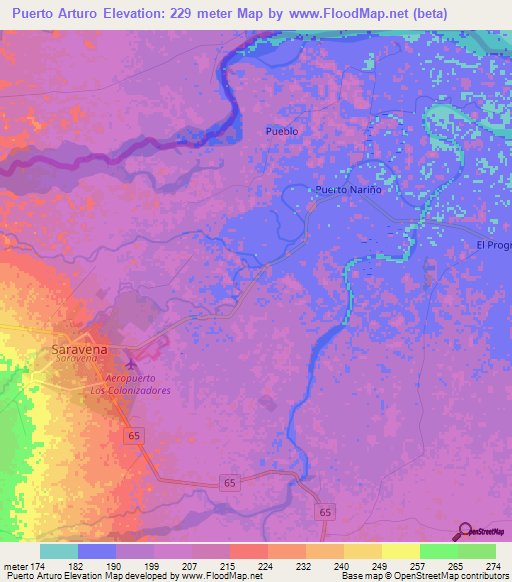 Puerto Arturo,Colombia Elevation Map