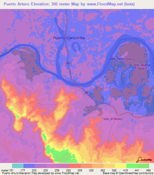 Puerto Arturo,Colombia Elevation Map