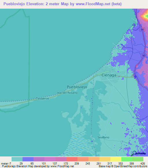 Puebloviejo,Colombia Elevation Map