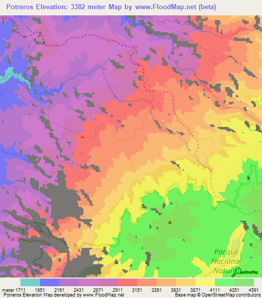 Potreros,Colombia Elevation Map