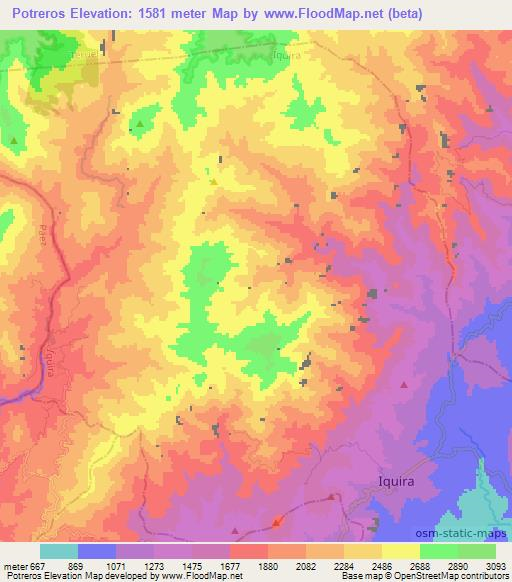 Potreros,Colombia Elevation Map