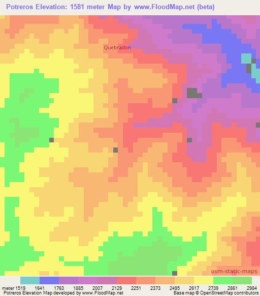 Potreros,Colombia Elevation Map