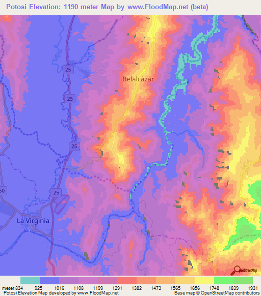 Potosi,Colombia Elevation Map