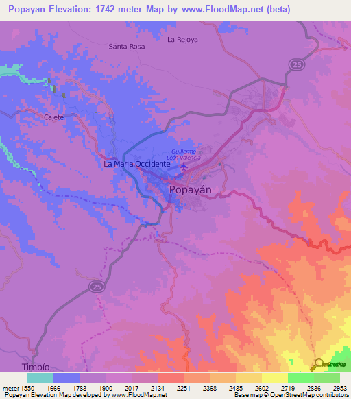 Popayan,Colombia Elevation Map