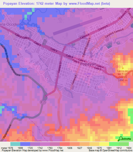 Popayan,Colombia Elevation Map