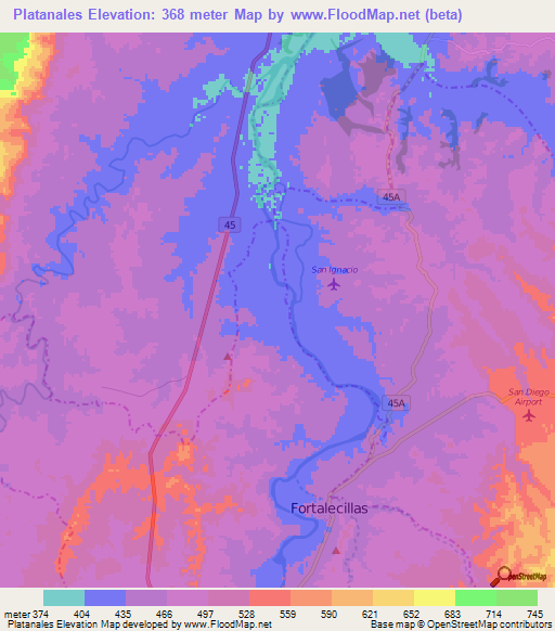 Platanales,Colombia Elevation Map