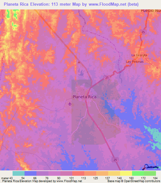 Planeta Rica,Colombia Elevation Map