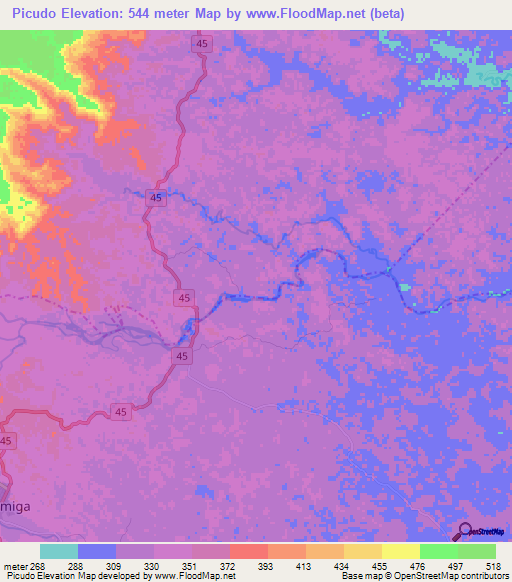 Picudo,Colombia Elevation Map