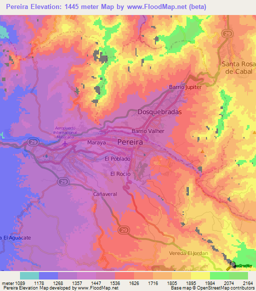 Pereira,Colombia Elevation Map