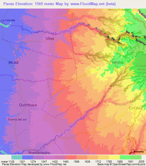 Pavas,Colombia Elevation Map