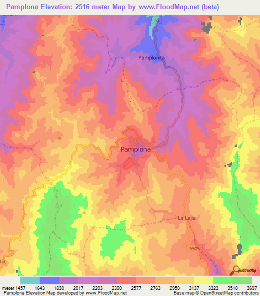 Pamplona,Colombia Elevation Map