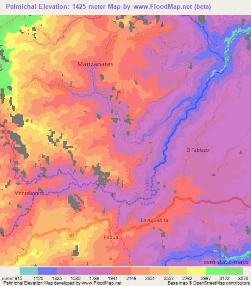 Palmichal,Colombia Elevation Map