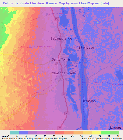 Palmar de Varela,Colombia Elevation Map