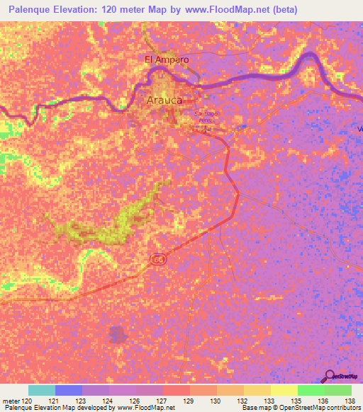 Palenque,Colombia Elevation Map