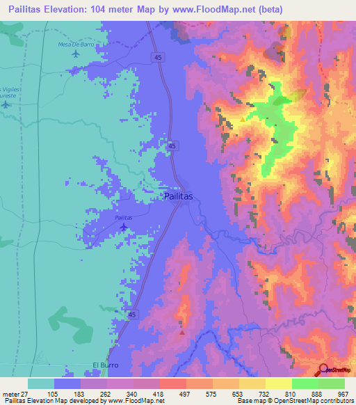 Pailitas,Colombia Elevation Map