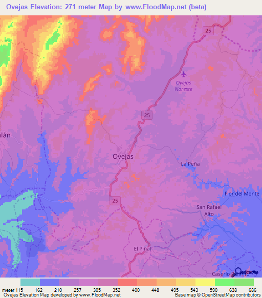 Ovejas,Colombia Elevation Map