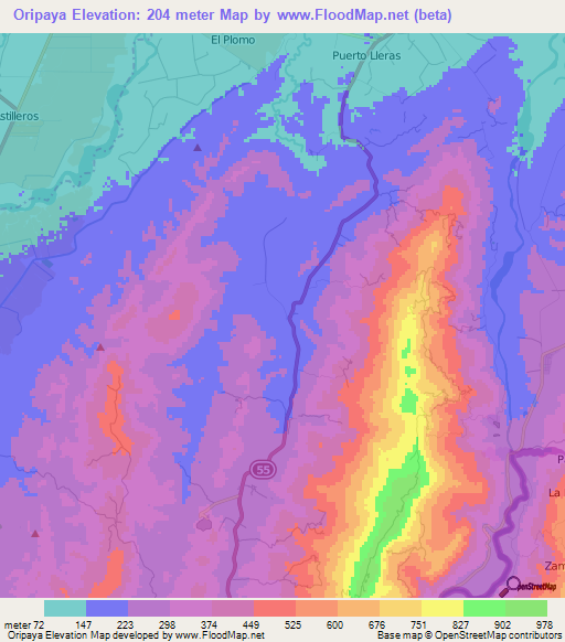 Oripaya,Colombia Elevation Map