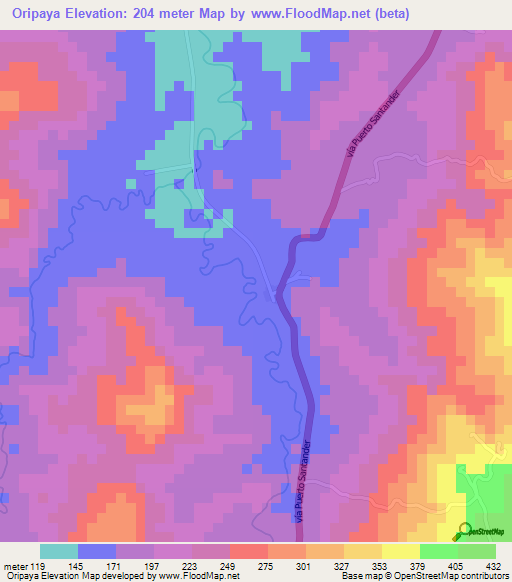 Oripaya,Colombia Elevation Map