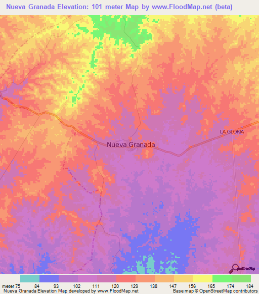 Nueva Granada,Colombia Elevation Map