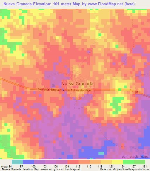 Nueva Granada,Colombia Elevation Map