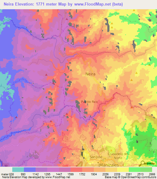 Neira,Colombia Elevation Map