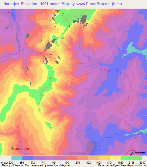 Naranjos,Colombia Elevation Map