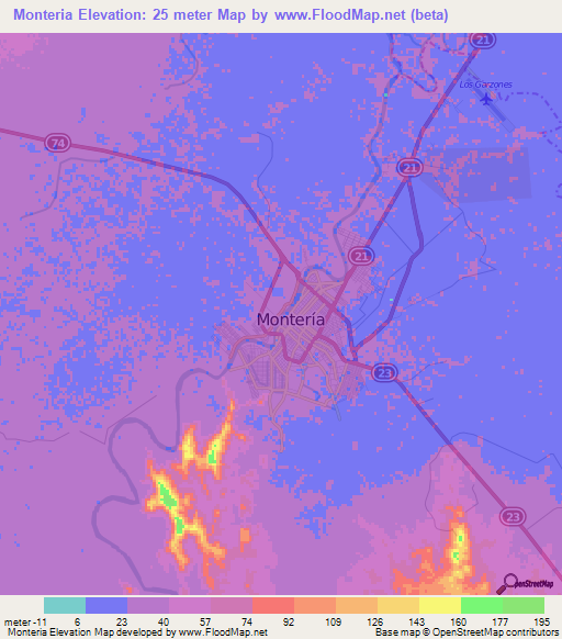 Monteria,Colombia Elevation Map