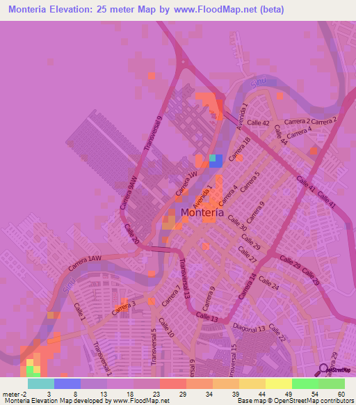 Monteria,Colombia Elevation Map