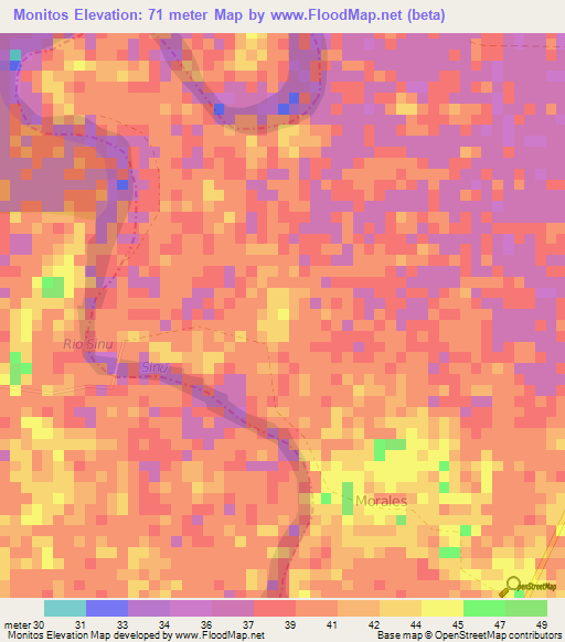 Monitos,Colombia Elevation Map