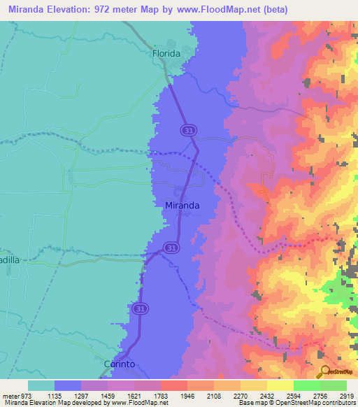 Miranda,Colombia Elevation Map