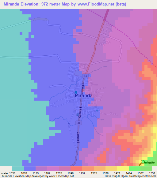 Miranda,Colombia Elevation Map