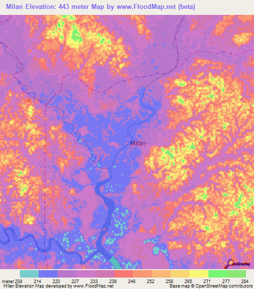 Milan,Colombia Elevation Map