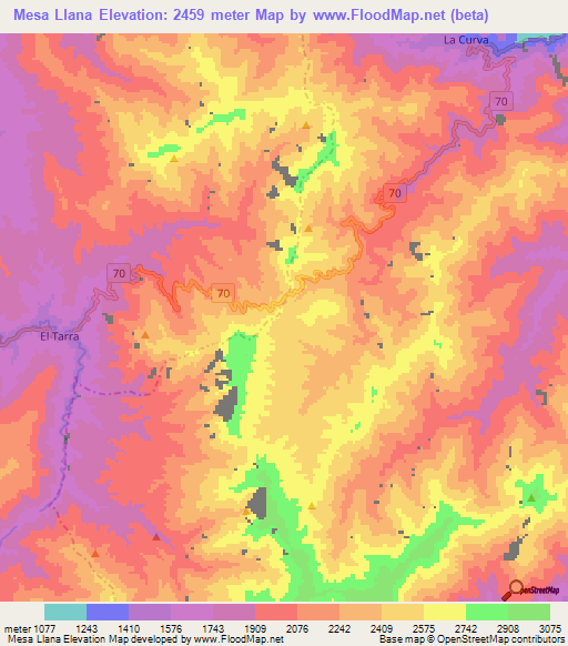 Mesa Llana,Colombia Elevation Map