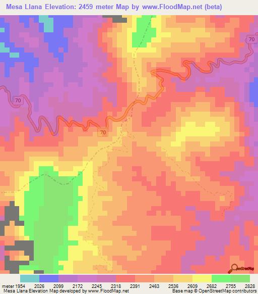 Mesa Llana,Colombia Elevation Map