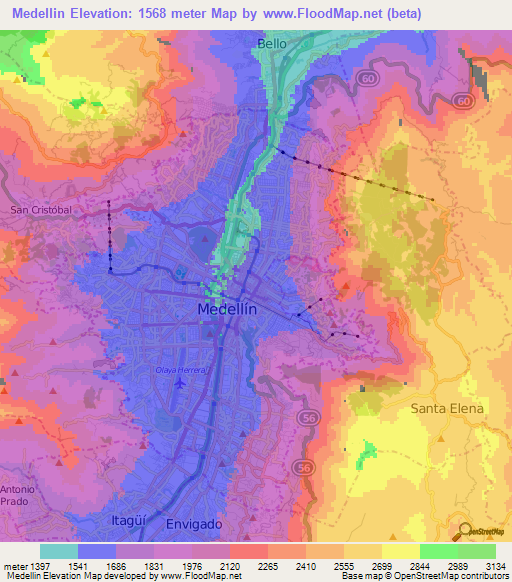 Medellin,Colombia Elevation Map