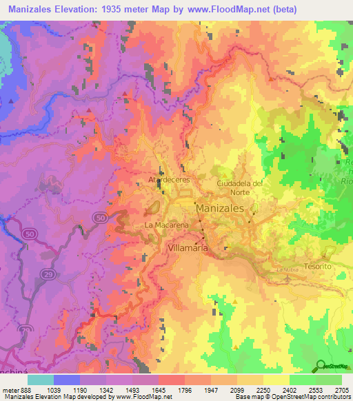 Manizales,Colombia Elevation Map