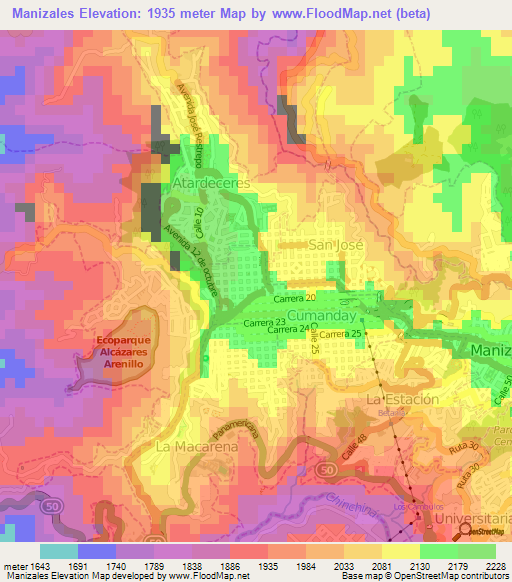 Manizales,Colombia Elevation Map