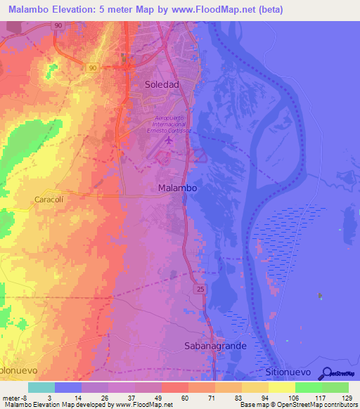 Malambo,Colombia Elevation Map