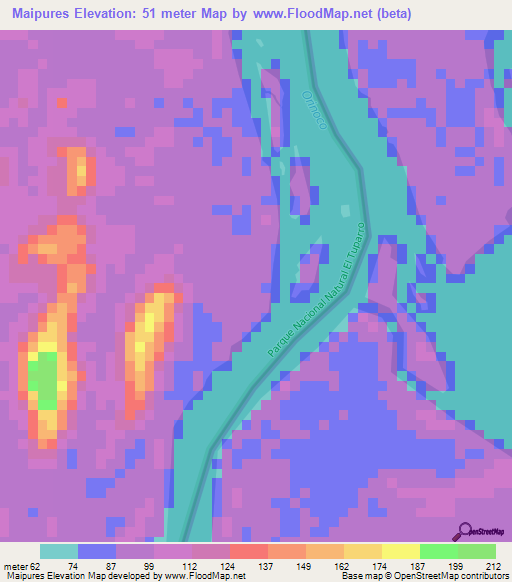 Maipures,Colombia Elevation Map