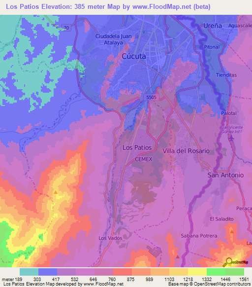 Los Patios,Colombia Elevation Map