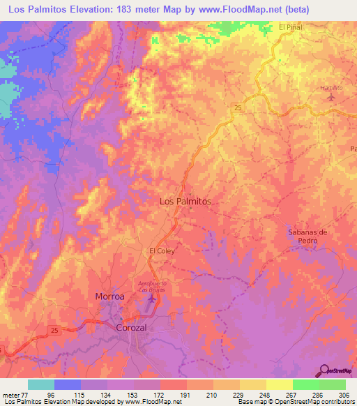 Los Palmitos,Colombia Elevation Map