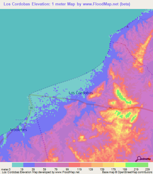 Los Cordobas,Colombia Elevation Map