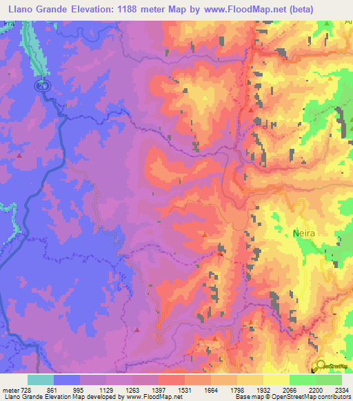 Llano Grande,Colombia Elevation Map