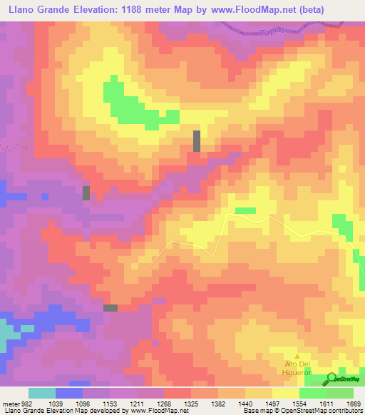 Llano Grande,Colombia Elevation Map