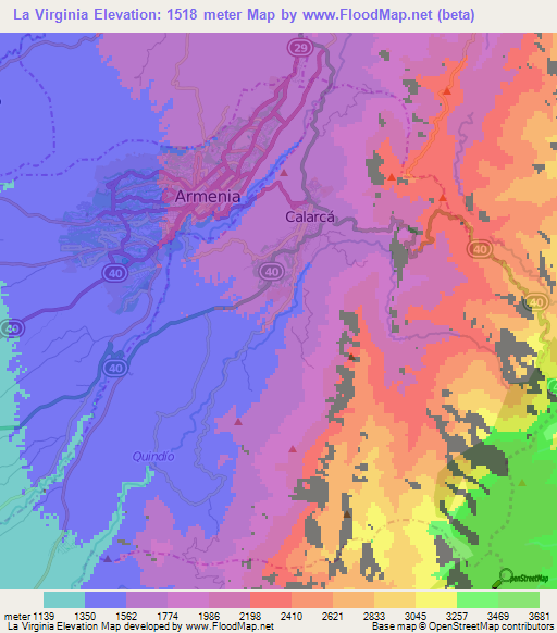 La Virginia,Colombia Elevation Map