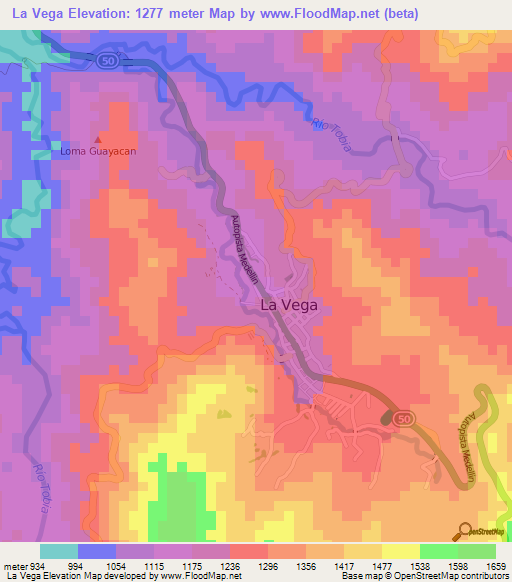 La Vega,Colombia Elevation Map