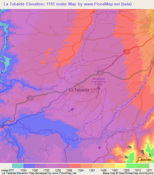 La Tebaida,Colombia Elevation Map