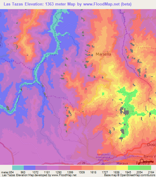 Las Tazas,Colombia Elevation Map