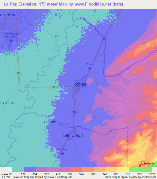 La Paz,Colombia Elevation Map