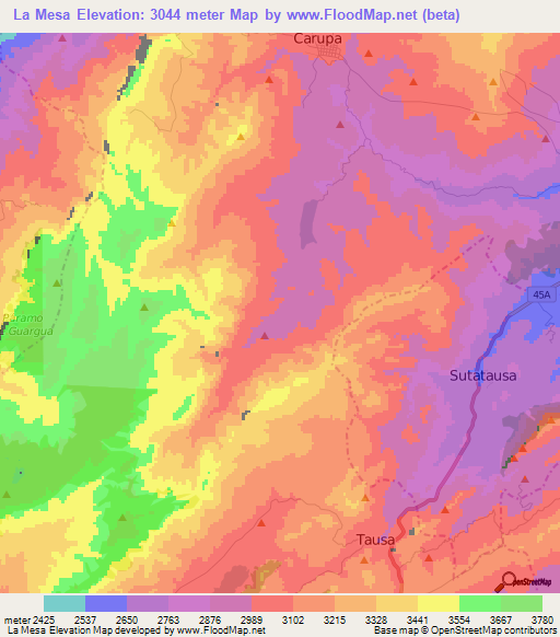 La Mesa,Colombia Elevation Map
